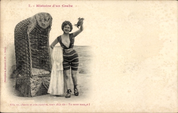 Postcard Story of a crab, beach, woman in swimsuit