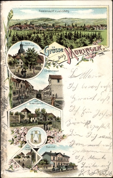 Litho Moringen im Solling, Stadtkirche, Lange Straße, St. Martini Kirche, Bahnhof, Wappen