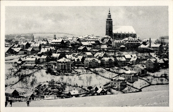 Postcard Schneeberg in the Ore Mountains, snowy landscape, church, town view