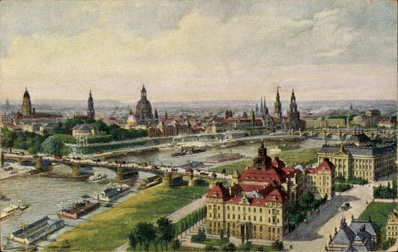 KP Dresden Altstadt, widok z lotu ptaka na Łabę, mosty, stare miasto, ministerstwa