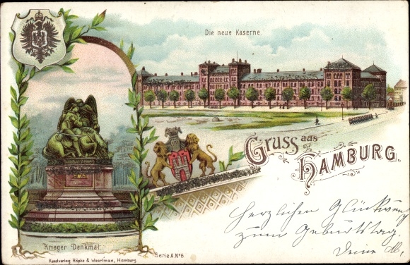 Chromo-Litho Hamburg Rotherbaum, the new barracks, warrior monument, coat of arms