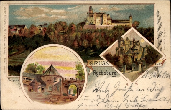 Kunstenaar Litho Dutzauer, M., Rochsburg Lunzenau in Saksen, zicht op het kasteel, poort