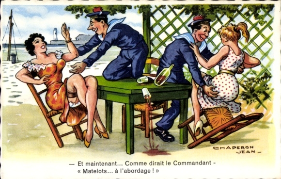 Kunstenaarskaart Chaperon, Jean, Franse matrozen met jonge vrouwen