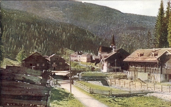 Postcard Filzmoos in Salzburg, landscape with mountains, church, houses, road, forest