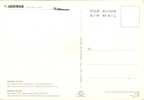 Postcard Spanish passenger aircraft, Iberia, Boeing 727 256
