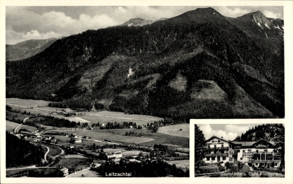 Postcard Aurach Fischbachau in Upper Bavaria, mountain landscape, Leitzachtal, restaurant and café Fischeralm, b