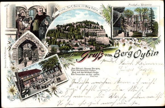 Chromo-Litho Oybin in Upper Lusatia Saxony, church, village, ruin, mountain Oybin