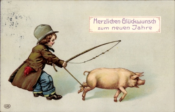 Embossed PC Happy New Year, child with whip, pig with tied leg