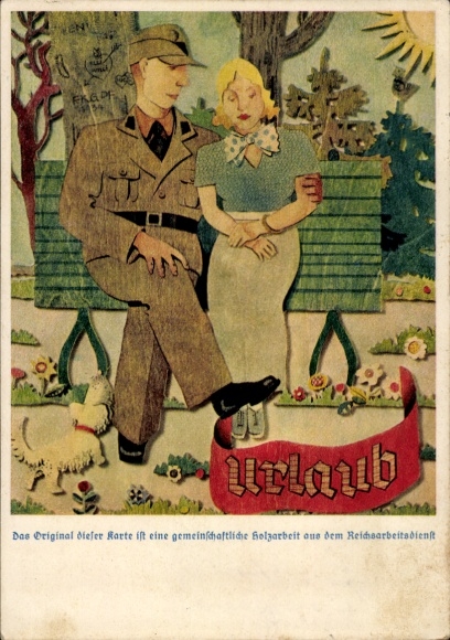 Artist Postcard Uniformed Reich Labor Service Officer with Wife, Vacation, After-Work Activities
