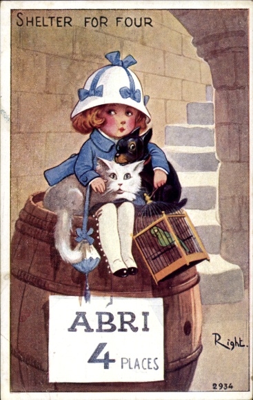 Artist Postcard Right, Shelter for four, girl with dog, cat and budgie