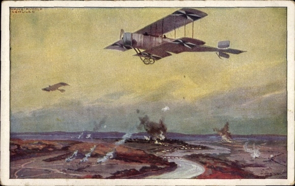 Artist Postcard Schulze, Hans Rudolf, military biplane on reconnaissance flight on the Marne, WWI