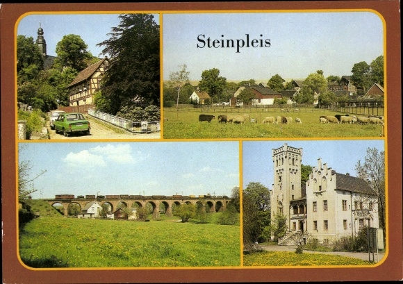 Postcard Steinpleis Werdau on the Pleiße in Saxony, partial view, Römertalbrücke, castle