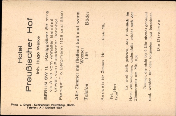 Ak Berlin Kreuzberg, Hotel Preussischer Hof, Königgrätzer Strasse 117