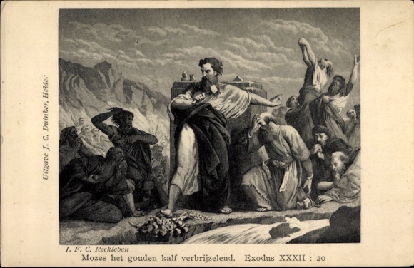Artist Postcard Reckleben, JFC, Moses the golden calf crumbling, Exodus XXXII:20