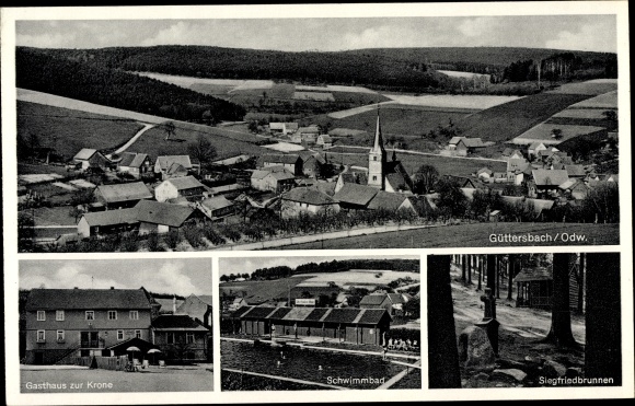 Postcard Güttersbach Mossautal in the Odenwald Hesse, swimming pool, Siegfried fountain, Inn zur Krone