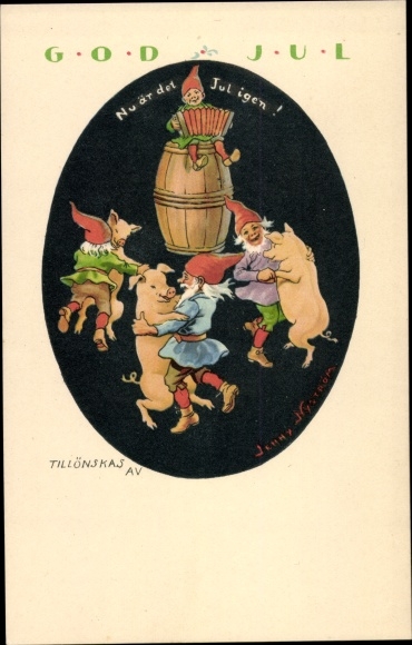 Artist PC Nyström, Jenny, congratulations Christmas, dwarfs dance with pigs