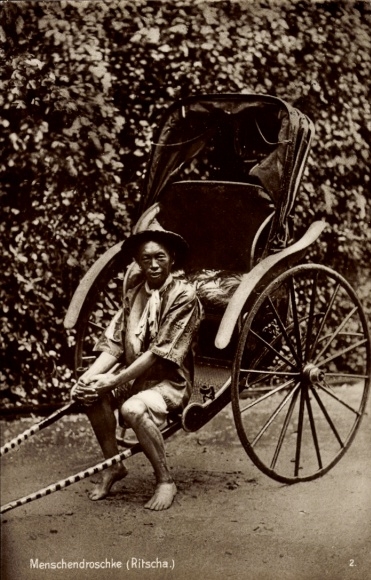 Postcard China, human cab, rickshaw, driver