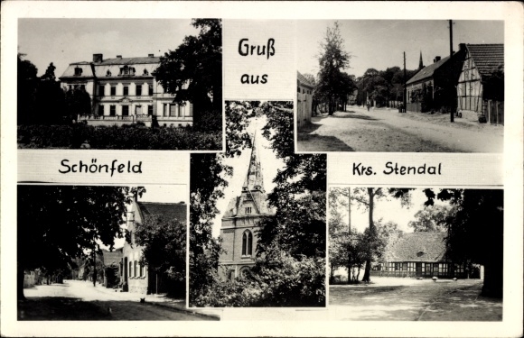 Photo Postcard Schönfeld Steinfeld Bismark in the Altmark, partial views, church, street section