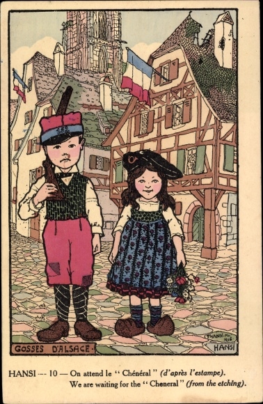 Artist Postcard Hansi, Jean Jacques Waltz, On attend le Cheneral, Alsatian children