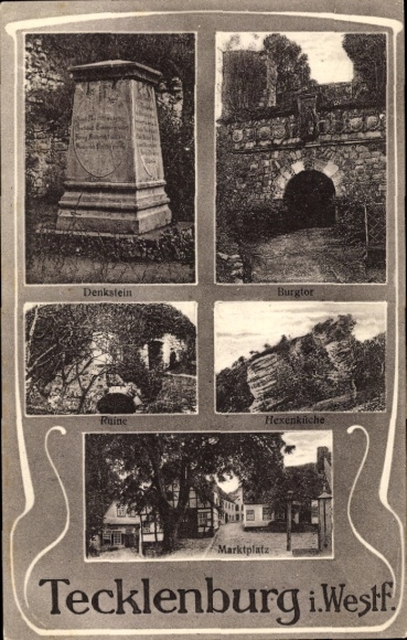 Ak Tecklenburg in Westfalen, Markt, Ruine, Hexenküche, Denkstein