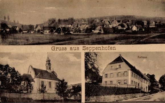 Postcard Seppenhofen Löffingen in the Black Forest, general view, church, town hall