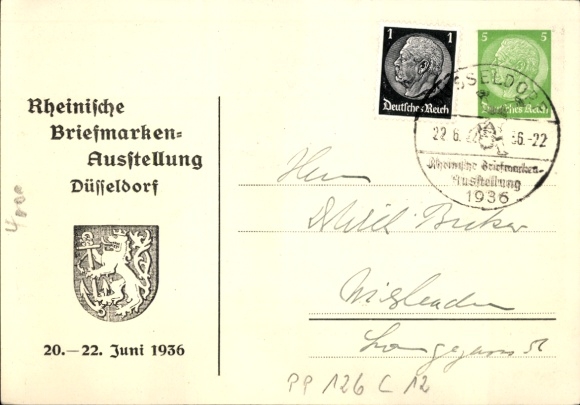Artysta papeterii pocztowej KP Peters, P., Düsseldorf, wystawa znaczków czerwiec 1936, patron
