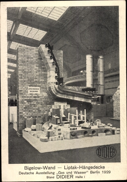 Postcard Bigelow wall, Liptak hanging ceiling, Didier company, German exhibition gas and water Berlin 1929