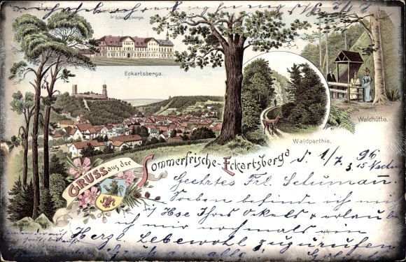 Mondschein Litho Eckartsberga an der Finne im Burgenlandkreis, Waldpartie, Waldhütte, Wappen