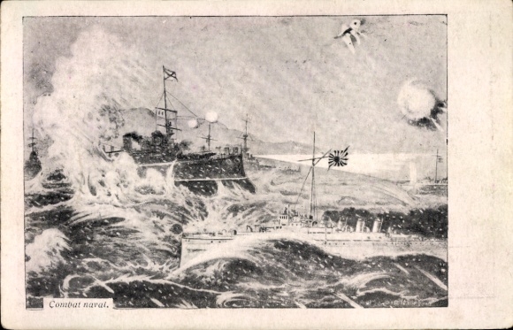 Postcard Russian Japanese War, battleships in combat, battle scene