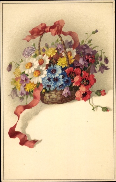 Artist Postcard Flower basket, cornflowers, poppies