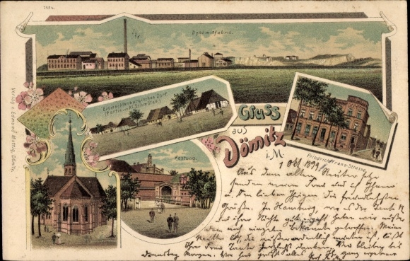 Chromo-Litho Dömitz on the Elbe, Friedrich Franz Straße, fortress, dynamite factory, church