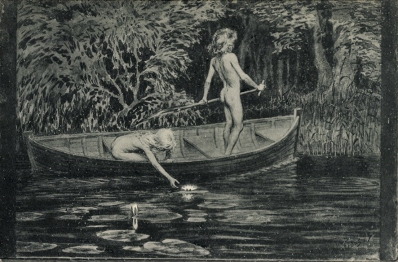 Art Nouveau Artist Postcard Fidus, Water Lilies, Nature Children, Boat No. 50