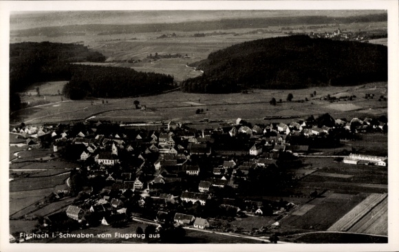 Postcard Fischach in Swabia, bird's eye view of Swabia, rural landscape