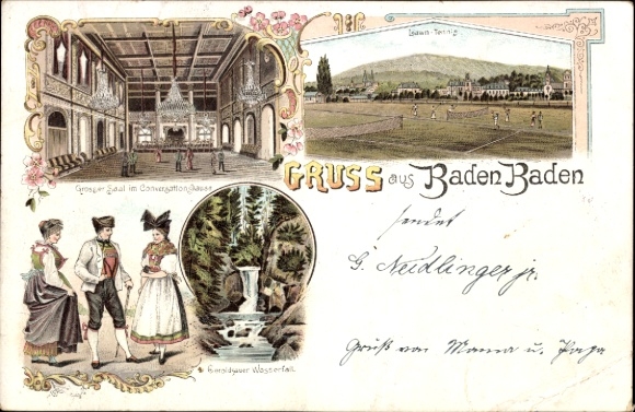 Chromo-Litho Baden Baden am Schwarzwald, Hall in the Conversation House. Geroldsauer Waterfall, traditional costume