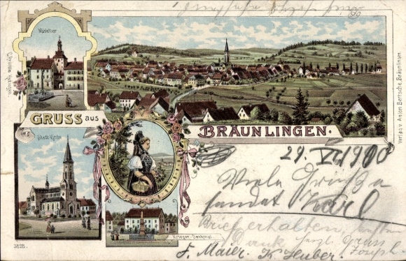 litho Bräunlingen in het Zwarte Woud Baden, algemeen uitzicht, kerk, poort, oorlogsmonument, Zwarte Woud vrouw