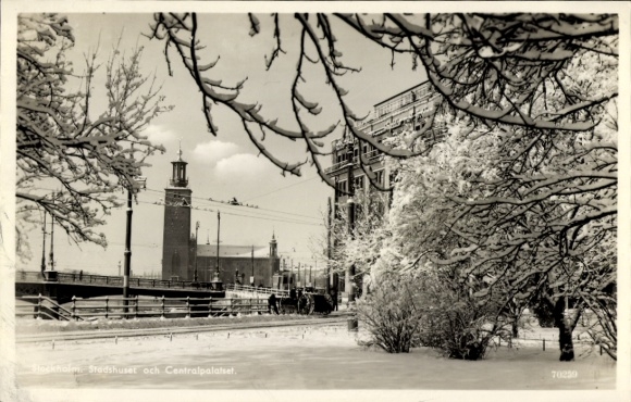 Postcard Stockholm Sweden, town hall in winter, bridge