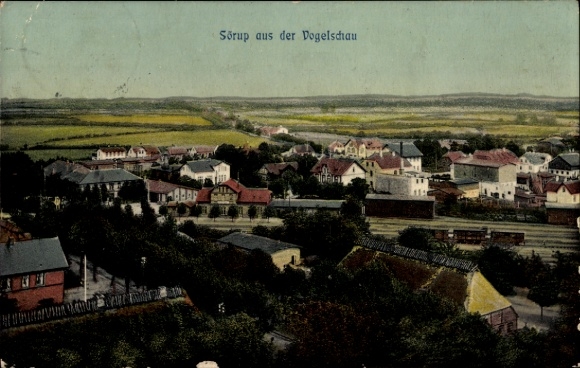 Ak Sörup in de visserij, panorama vanuit vogelperspectief, treinstation