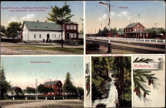 Postcard Muldenberg Grünbach in Vogtland, Gasthof Muldenberg, train station, civil servants' apartments, stream