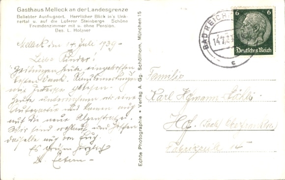 Postcard Melleck Schneizlreuth Berchtesgadener Land, Reiteralpe, Gasthaus Melleck, state border