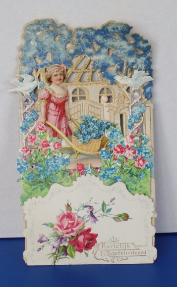 Backdrop card 3D wafer standee, congratulations, girl, wheelbarrow, doves, flowers