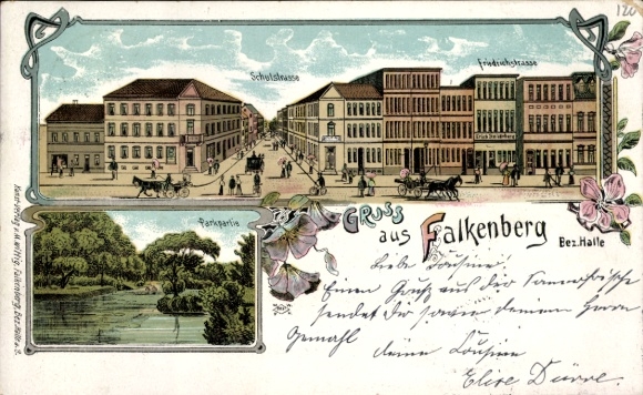 Chromo-Litho Falkenberg an der Elster, Schulstraße, Friedrichstraße, Parkpart