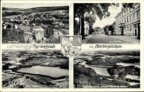 Coat of arms Postcard Marienheide Oberbergischer Kreis, main street, Brucher dam, view of the village