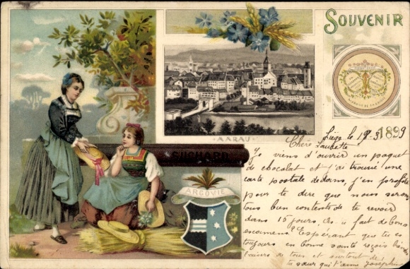 Wappen Litho Aarau Kanton Aargau, Reklame, Chocolat Suchard, Frauen in Trachten, Stadtansicht