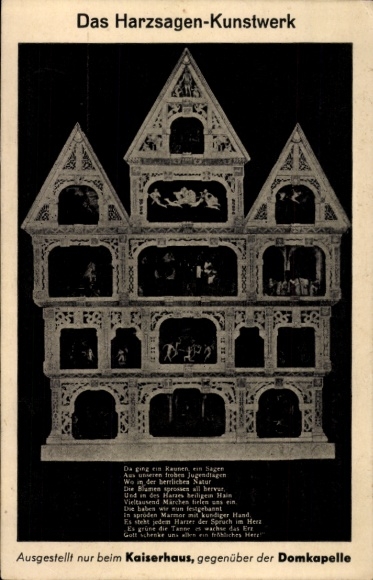 Postcard Marble Harzsagen artwork, exhibited in the Kaiserhaus Goslar, builder Ed. Bergmann