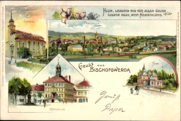 Litho Bischofswerda in Sachsen, Kirche, Rathaus, Post, Panorama