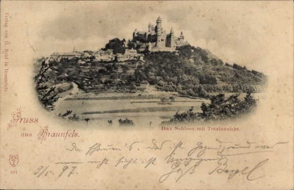 Postcard Braunfels an der Lahn, the castle with a total view, historical view, idyllic landscape...