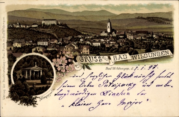 Chromo-Litho Bad Wildungen in Hesse, general view, Helenenquelle
