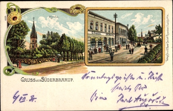litho Süderbrarup in Sleeswijk Holstein, kerk, actie C. Franzen