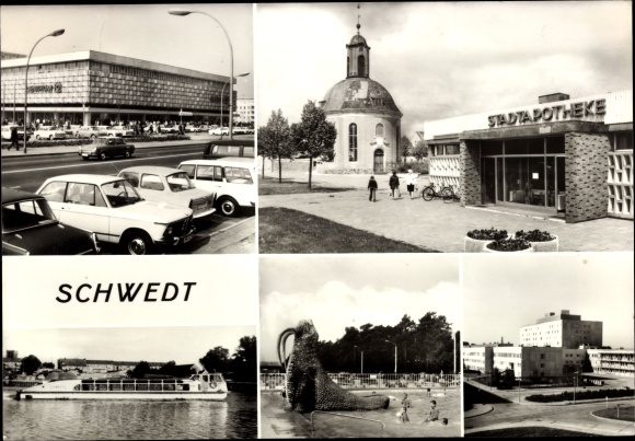 Postcard Schwedt on the Oder, city pharmacy, paddling boat, ship, center department store