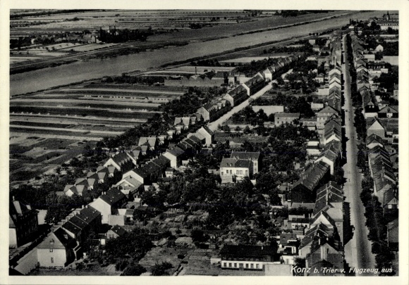 Postcard Konz on the Moselle, aerial view of the Moselle, residential buildings, river landscape